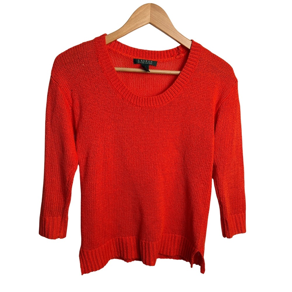 Ralph‎ Lauren Womens Orange Red Sweater S Knit Scoop Neck 3/4 Sleeve Pullover